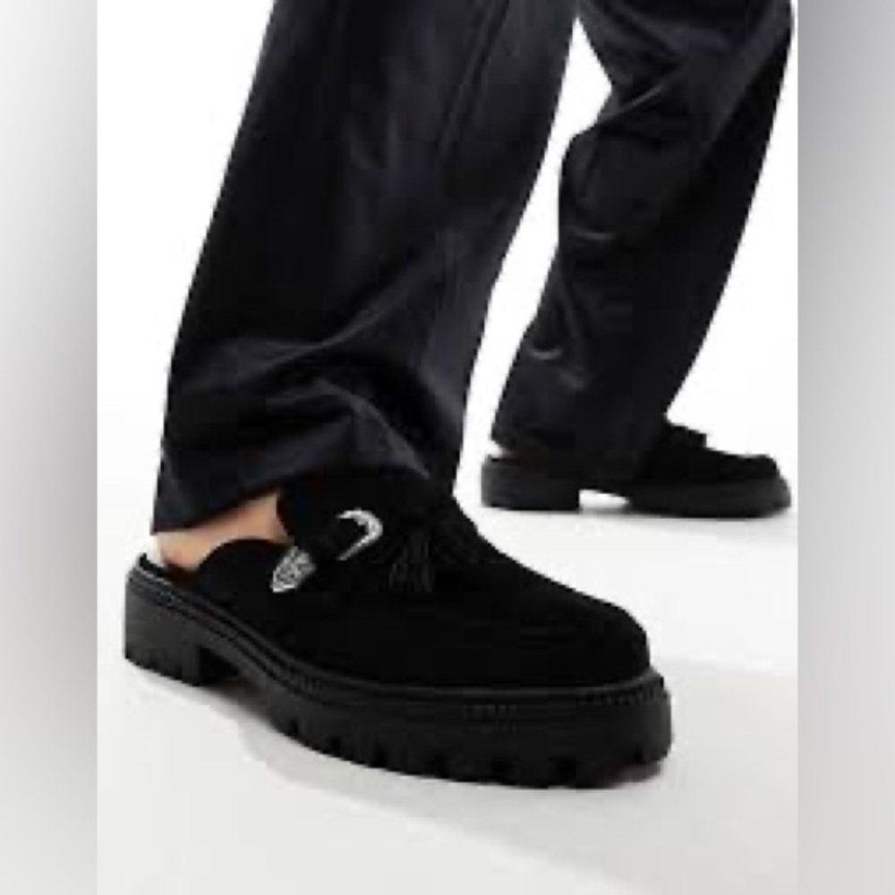 ASOS Design Loafers Men 10 Black Chunky Sole Western Buckle Adjustable Mules NEW